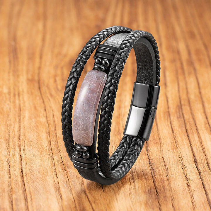 Pulsera reforzada de cuero, acero y titanio con Buddha Stones, hematita, lazurita, piedra brillante negra y cristal rosa. - Ágata rosa - 18-22 cm - image 24
