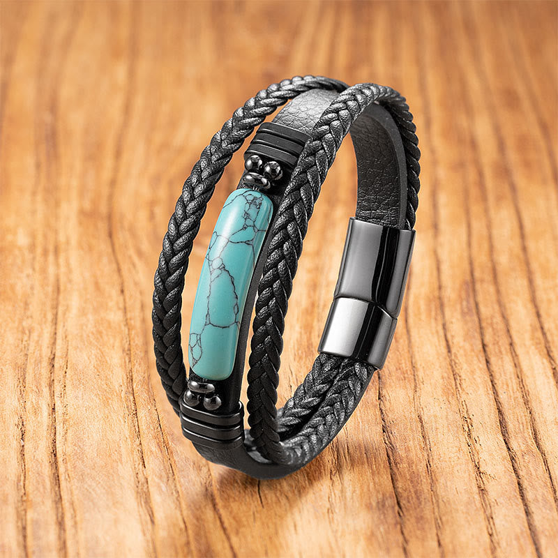 Pulsera reforzada de cuero, acero y titanio con Buddha Stones, hematita, lazurita, piedra brillante negra y cristal rosa. - Turquesa - 18-22 cm - image 10