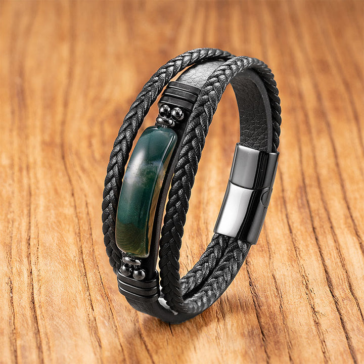 Pulsera reforzada de cuero, acero y titanio con Buddha Stones, hematita, lazurita, piedra brillante negra y cristal rosa. - Ágata verde - 18-22 cm - image 23