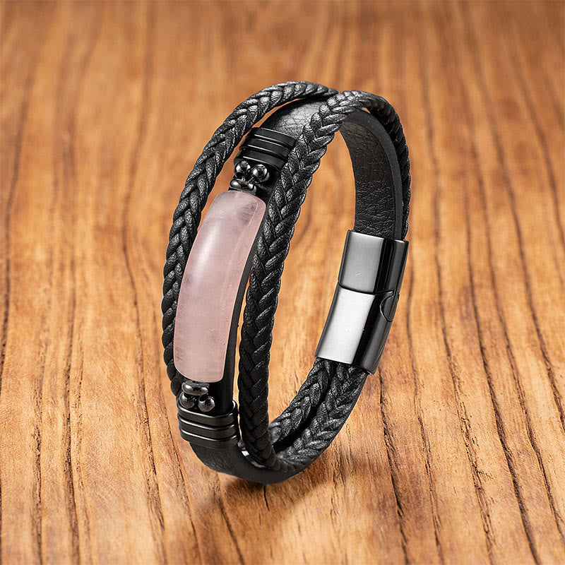 Pulsera reforzada de cuero, acero y titanio con Buddha Stones, hematita, lazurita, piedra brillante negra y cristal rosa. - Cristal rosa - 18-22 cm - image 7