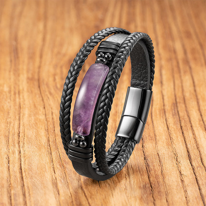 Pulsera reforzada de cuero, acero y titanio con Buddha Stones, hematita, lazurita, piedra brillante negra y cristal rosa. - Amatista - 18-22 cm - image 12
