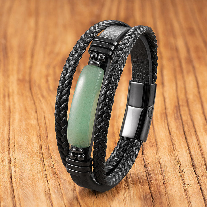 Pulsera reforzada de cuero, acero y titanio con Buddha Stones, hematita, lazurita, piedra brillante negra y cristal rosa. - Aventurina verde - 18-22 cm - image 16