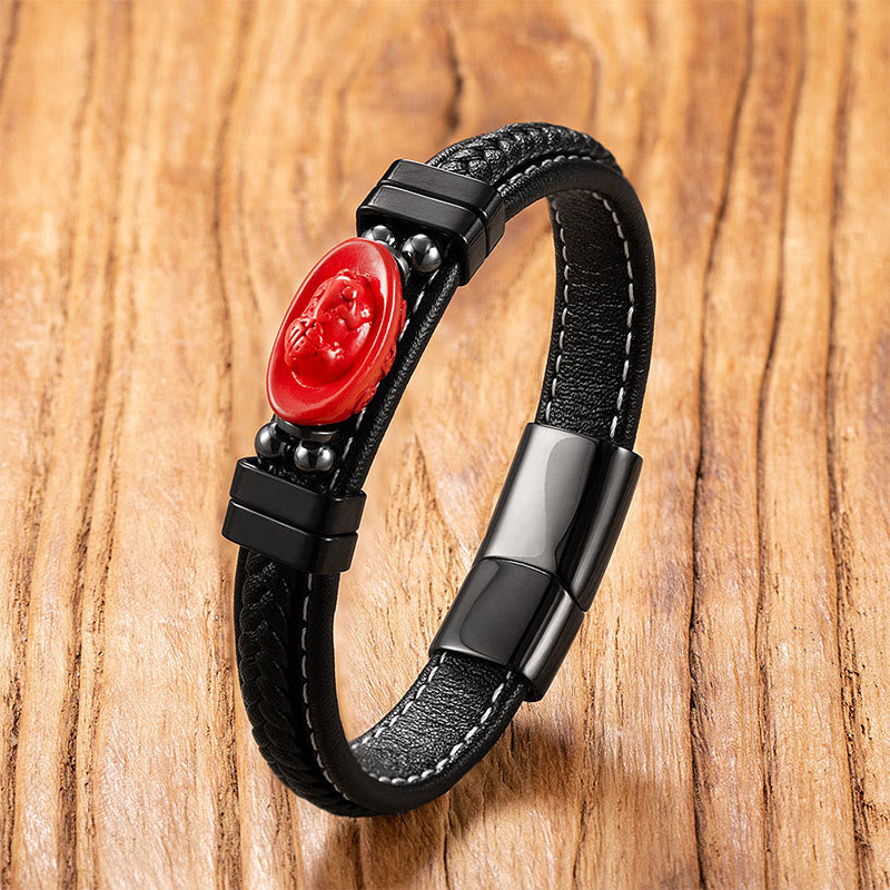 Pulsera de cuero con bendición de Buddha Stones , símbolo de Buda, pez koi, dragón, personaje Fu, diseño Pi Xiu - Personaje de Lingote y Fu - 18-22 cm - image 8