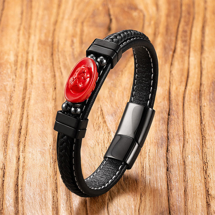 Pulsera de cuero con bendición de Buddha Stones , símbolo de Buda, pez koi, dragón, personaje Fu, diseño Pi Xiu - Personaje de Lingote y Fu - 18-22 cm - image 8