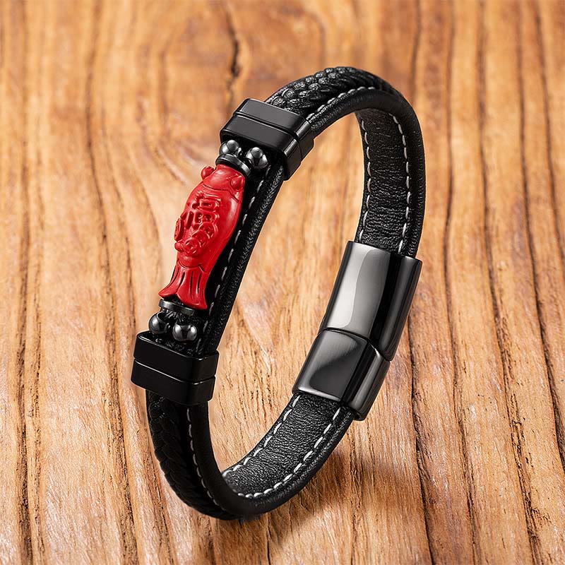 Pulsera de cuero con bendición de Buddha Stones , símbolo de Buda, pez koi, dragón, personaje Fu, diseño Pi Xiu - Personaje Koi Fish&Fu - 18-22 cm - image 10