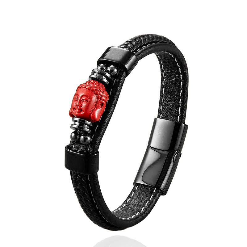 Pulsera de cuero con bendición de Buddha Stones , símbolo de Buda, pez koi, dragón, personaje Fu, diseño Pi Xiu - image 1