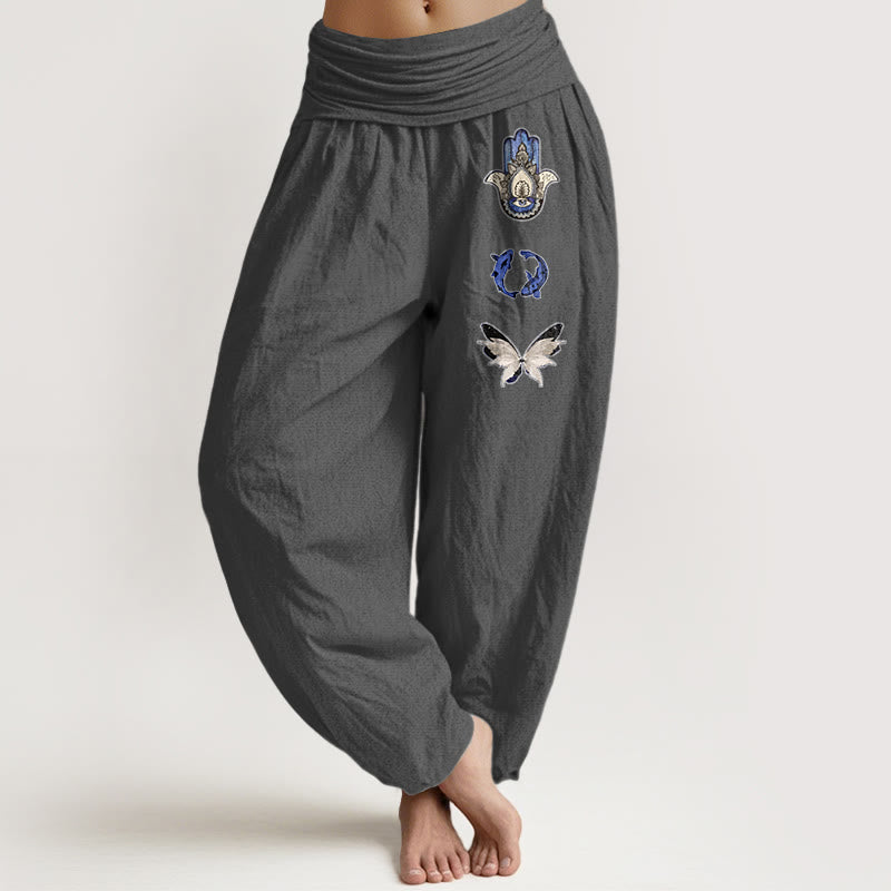 Pantalones Buddha Stones, pez koi y mariposa para mujer, con cintura elástica - Gris oscuro - US16，UK/AU20，EU48 (3XL) - image 11