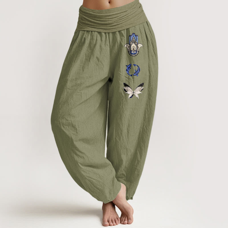Pantalones Buddha Stones, pez koi y mariposa para mujer, con cintura elástica - Verde oliva - US16，UK/AU20，EU48 (3XL) - image 14