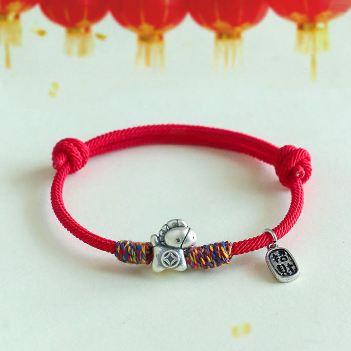 Pulsera de cuerda con Buddha Stones en plata de ley 999 con el símbolo del Año del Caballo Fu para atraer la fortuna - Cuerda roja (circunferencia de la muñeca: 14-19 cm) - image 9