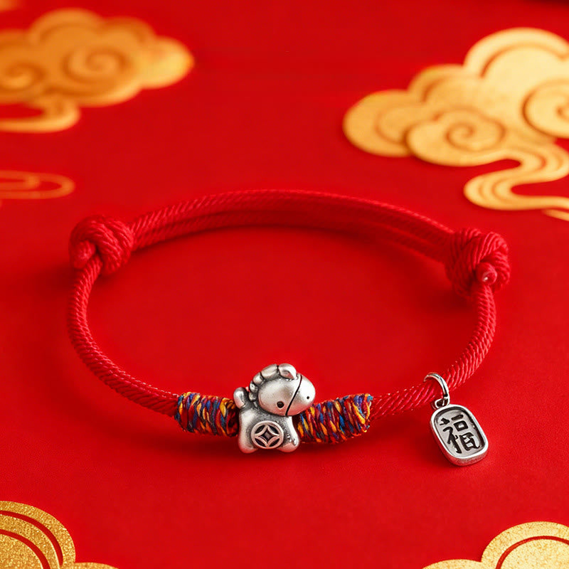 Pulsera de cuerda con Buddha Stones en plata de ley 999 con el símbolo del Año del Caballo Fu para atraer la fortuna - image 10