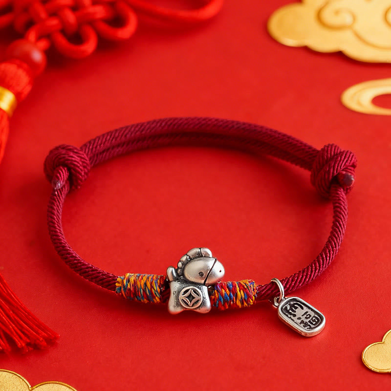 Pulsera de cuerda con Buddha Stones en plata de ley 999 con el símbolo del Año del Caballo Fu para atraer la fortuna - image 0