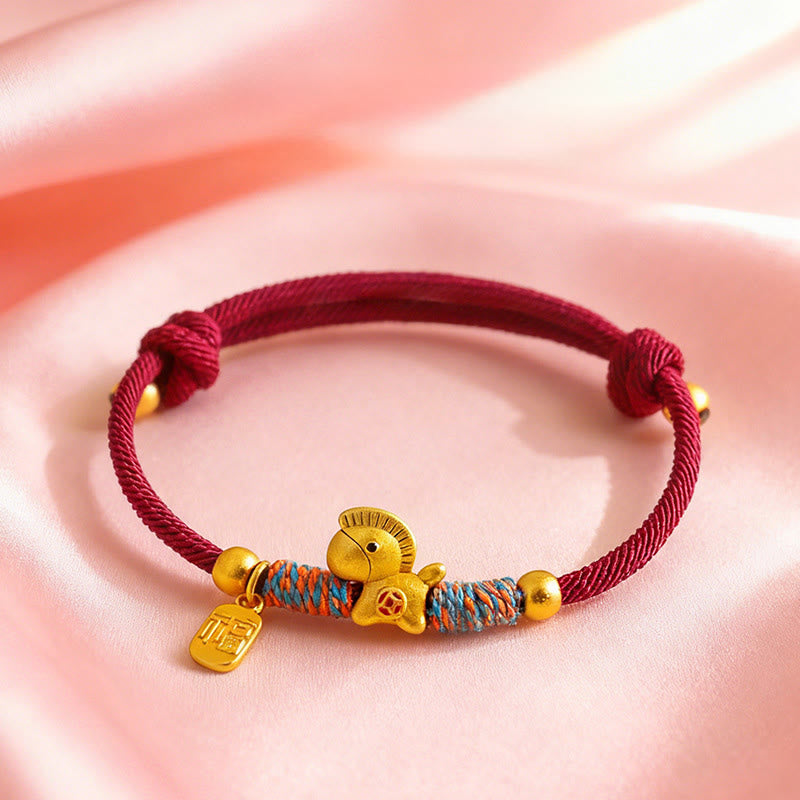 Pulsera de cuerda de la suerte con Buddha Stones en plata de ley 999 con el personaje Fu del Año del Caballo. - image 4
