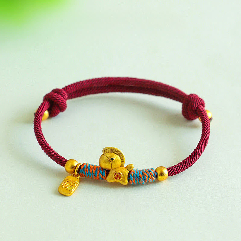 Pulsera de cuerda de la suerte con Buddha Stones en plata de ley 999 con el personaje Fu del Año del Caballo. - image 1