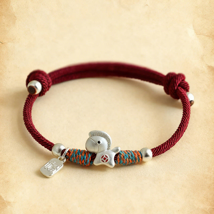 Pulsera de cuerda de la suerte con Buddha Stones en plata de ley 999 con el personaje Fu del Año del Caballo. - image 17
