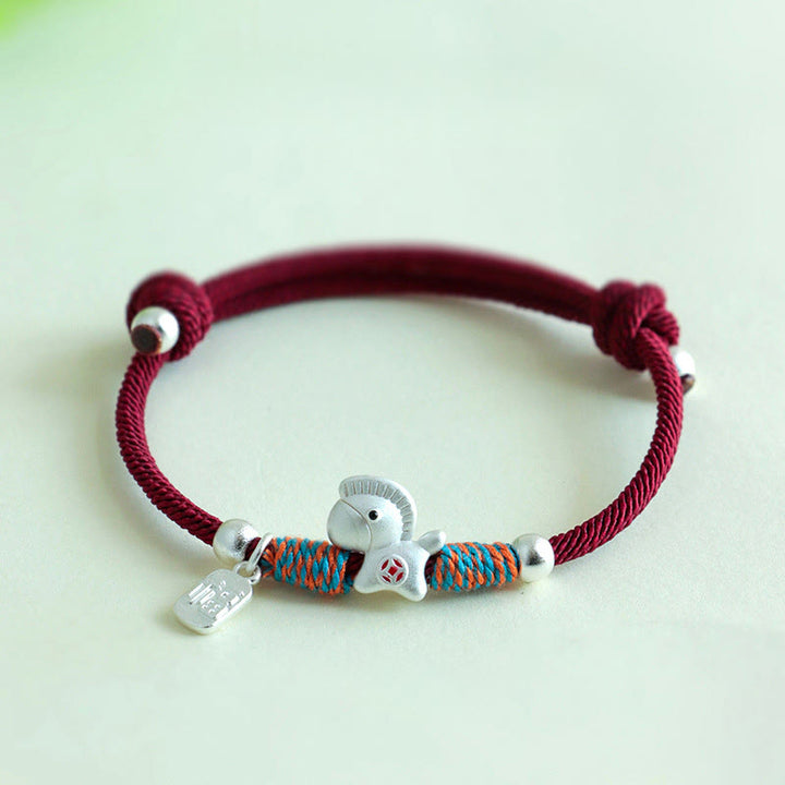 Pulsera de cuerda de la suerte con Buddha Stones en plata de ley 999 con el personaje Fu del Año del Caballo. - Caballo plateado con cuerda roja (circunferencia de la muñeca: 14-19 cm) - image 16