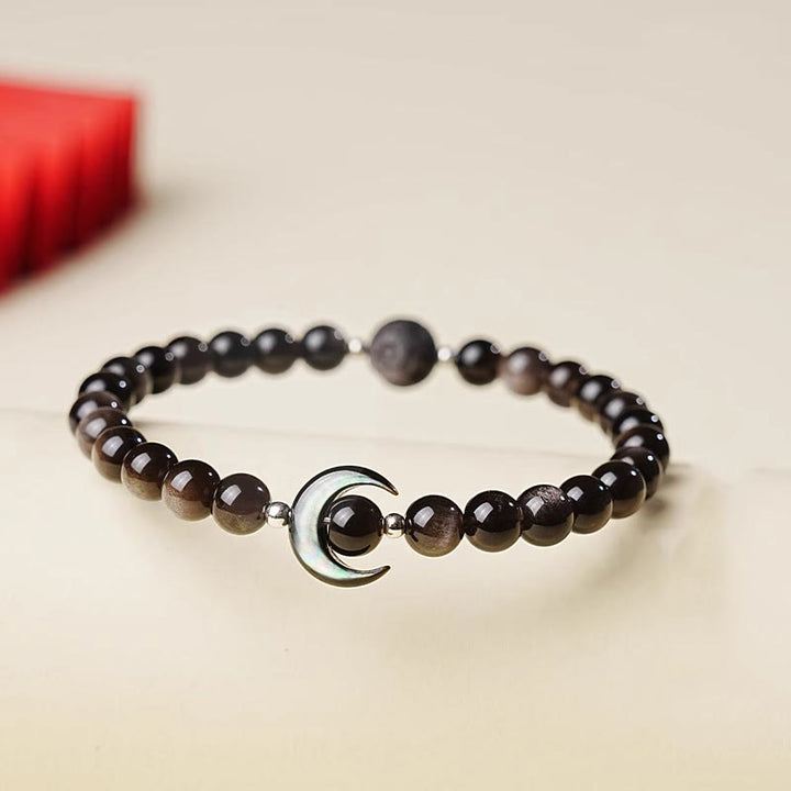 Pulsera de cuentas de obsidiana con diseño de luna y Buddha Stones, protección y brillo plateado natural - Obsidiana plateada brillante (circunferencia de la muñeca: 15-17 cm) - image 0