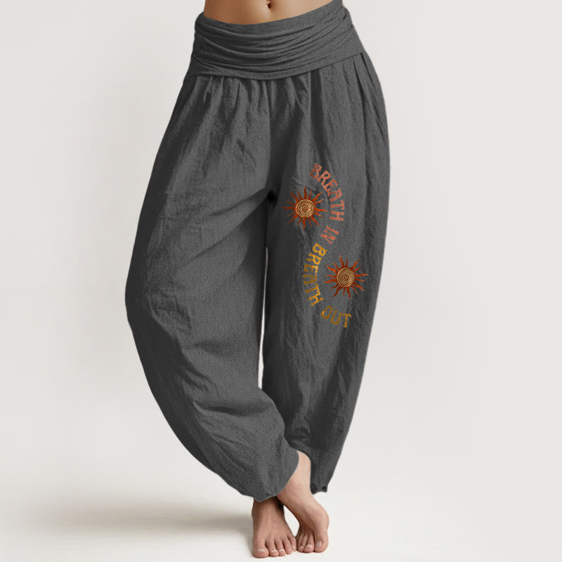 Pantalones harén de algodón puro con estampado de frases en inglés y tonos cálidos de Buddha Stones para mujer, cintura elástica - Gris oscuro - US16，UK/AU20，EU48 (3XL) - image 8