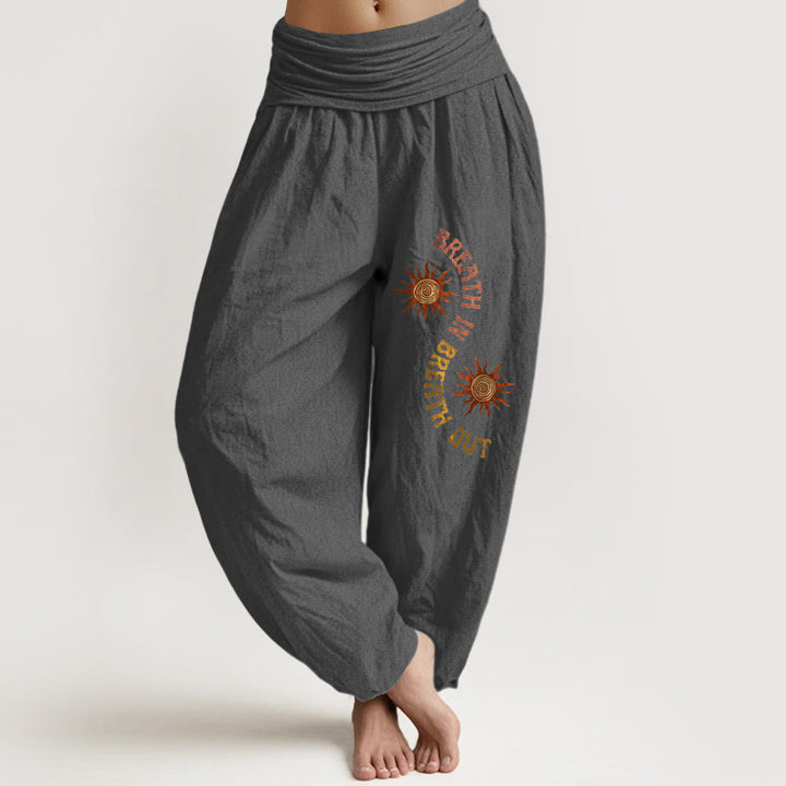 Pantalones harén de algodón puro con estampado de frases en inglés y tonos cálidos de Buddha Stones para mujer, cintura elástica - Gris oscuro - US16，UK/AU20，EU48 (3XL) - image 8