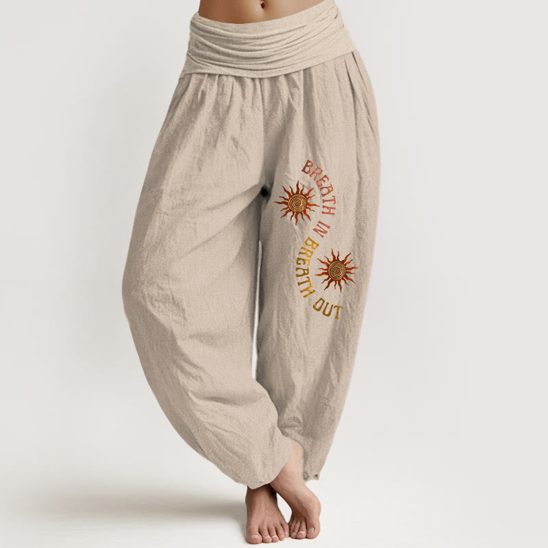 Pantalones harén de algodón puro con estampado de frases en inglés y tonos cálidos de Buddha Stones para mujer, cintura elástica - Broncearse - US16，UK/AU20，EU48 (3XL) - image 11