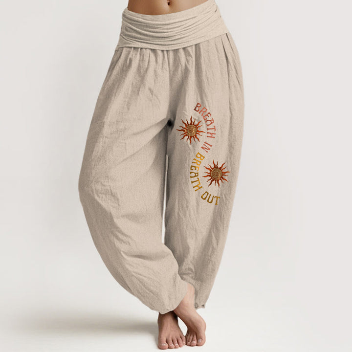Pantalones harén de algodón puro con estampado de frases en inglés y tonos cálidos de Buddha Stones para mujer, cintura elástica - Broncearse - US16，UK/AU20，EU48 (3XL) - image 11