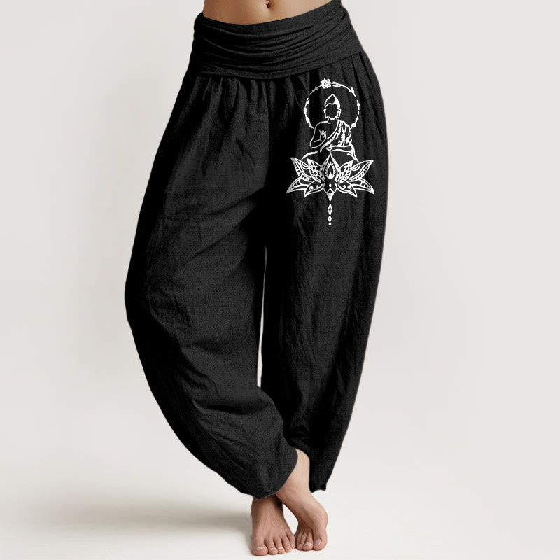 Pantalones Buddha Stones de algodón puro con estampado de Buda de loto y cintura elástica para mujer - Negro - US16，UK/AU20，EU48 (3XL) - image 5
