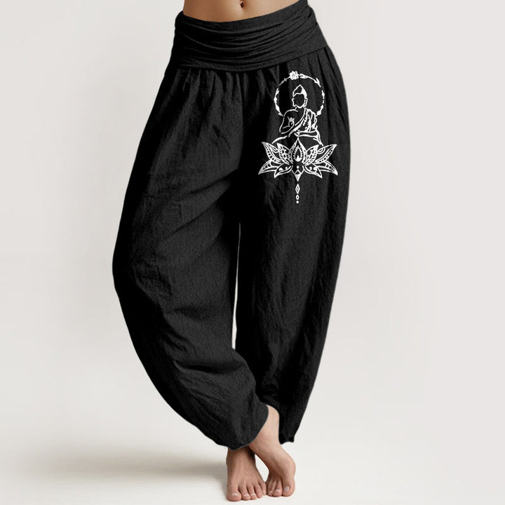 Pantalones Buddha Stones de algodón puro con estampado de Buda de loto y cintura elástica para mujer - Negro - US16，UK/AU20，EU48 (3XL) - image 5
