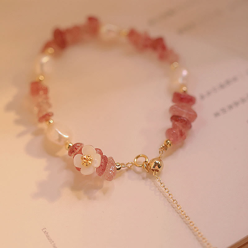 Pulsera de cadena curativa de cuarzo fresa irregular natural con perla de flor blanca y Buddha Stones - image 4