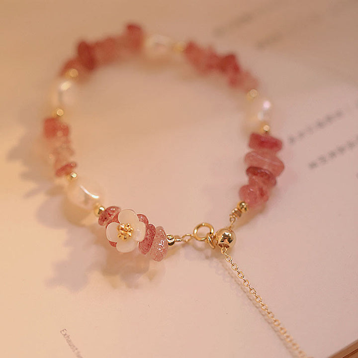 Pulsera de cadena curativa de cuarzo fresa irregular natural con perla de flor blanca y Buddha Stones - image 4