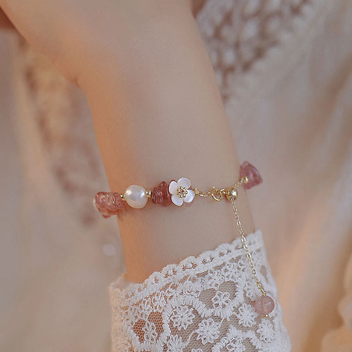 Pulsera de cadena curativa de cuarzo fresa irregular natural con perla de flor blanca y Buddha Stones - image 1