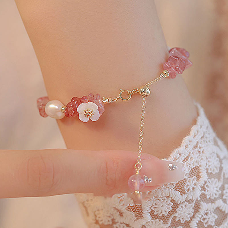 Pulsera de cadena curativa de cuarzo fresa irregular natural con perla de flor blanca y Buddha Stones - image 3