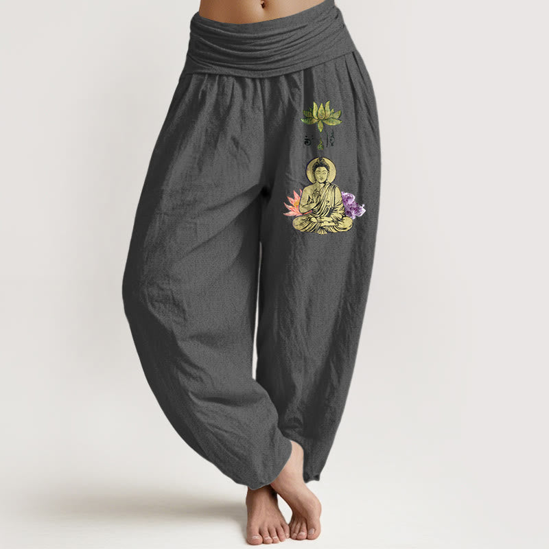 Pantalones Buddha Stones de algodón puro con estampado tradicional de Buda de loto para mujer, cintura elástica - Gris oscuro - US16，UK/AU20，EU48 (3XL) - image 8