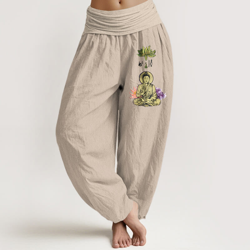 Pantalones Buddha Stones de algodón puro con estampado tradicional de Buda de loto para mujer, cintura elástica - Broncearse - US16，UK/AU20，EU48 (3XL) - image 11