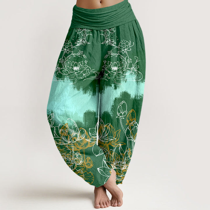 Pantalones harén de algodón con estampado de loto colorido y Buddha Stones para mujer, cintura elástica - Verde - US16，UK/AU20，EU48 (3XL) - image 0