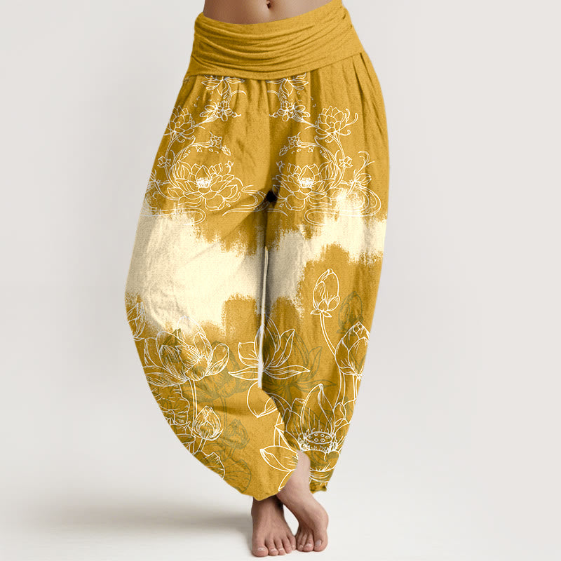 Pantalones harén de algodón con estampado de loto colorido y Buddha Stones para mujer, cintura elástica - Oro - US16，UK/AU20，EU48 (3XL) - image 5