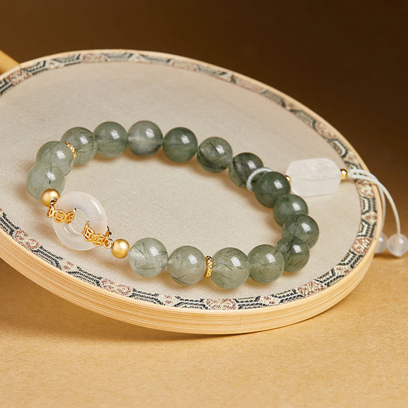 Buddha Stones de plata de ley 925 con cuarzo rutilado verde y calcedonia blanca con hebilla de paz y coraje - image 2