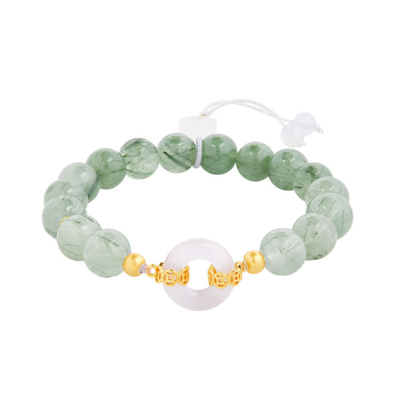 Buddha Stones de plata de ley 925 con cuarzo rutilado verde y calcedonia blanca con hebilla de paz y coraje - image 4