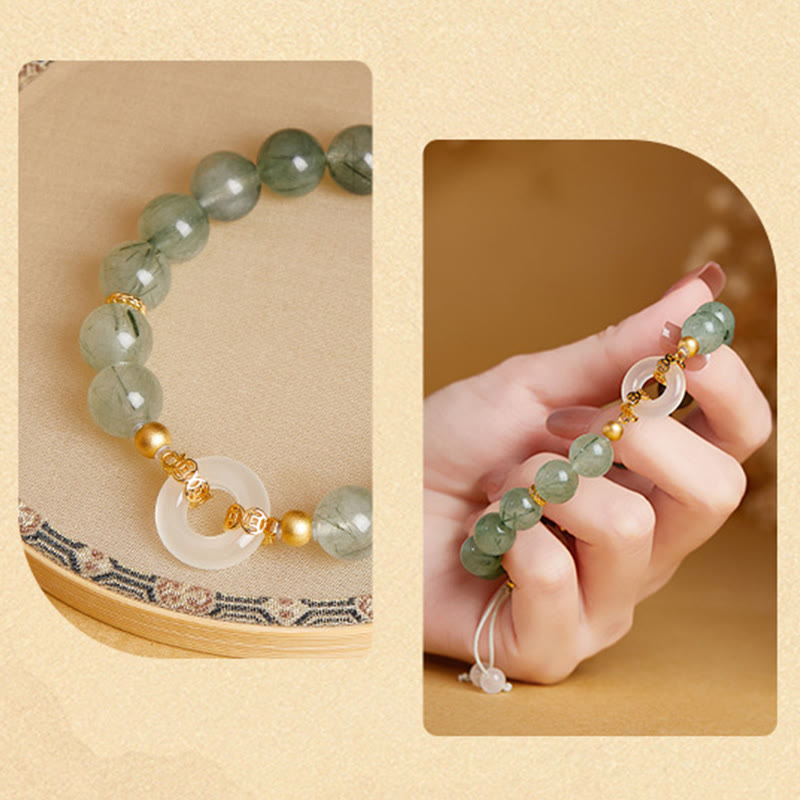 Buddha Stones de plata de ley 925 con cuarzo rutilado verde y calcedonia blanca con hebilla de paz y coraje - image 8