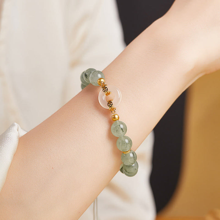 Buddha Stones de plata de ley 925 con cuarzo rutilado verde y calcedonia blanca con hebilla de paz y coraje - image 11