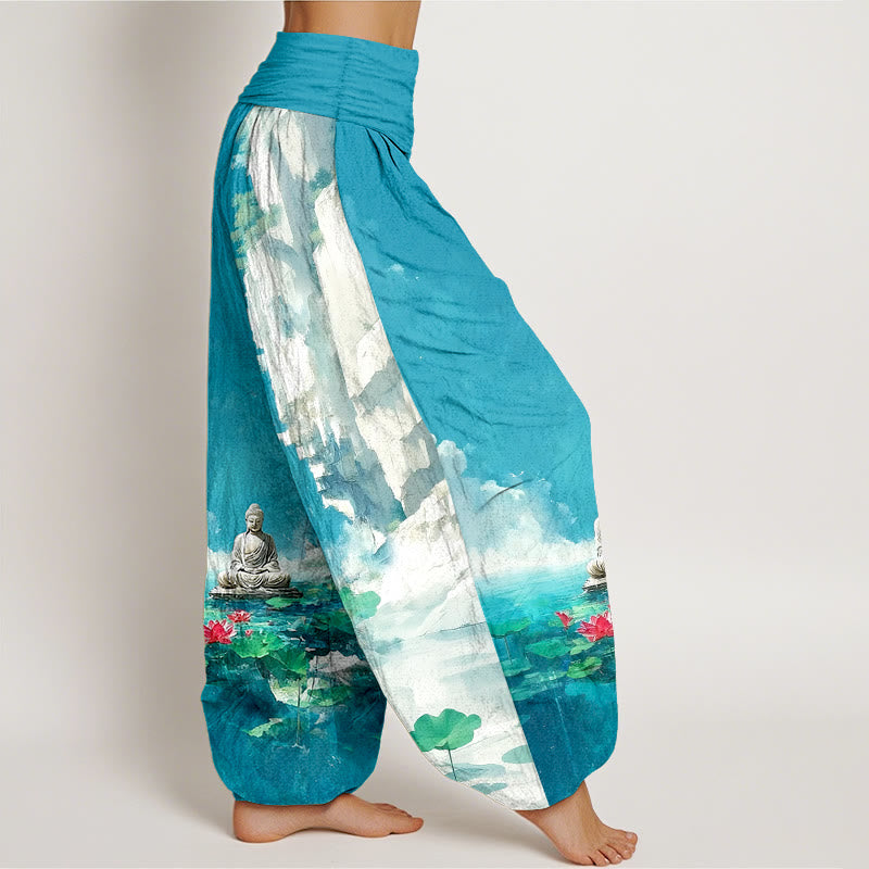 Pantalones harén con cintura elástica para mujer, diseño de Buddha Stones de algodón, flor de loto, hojas, rocas, superficie del agua, nube y patrón de Buda - image 2