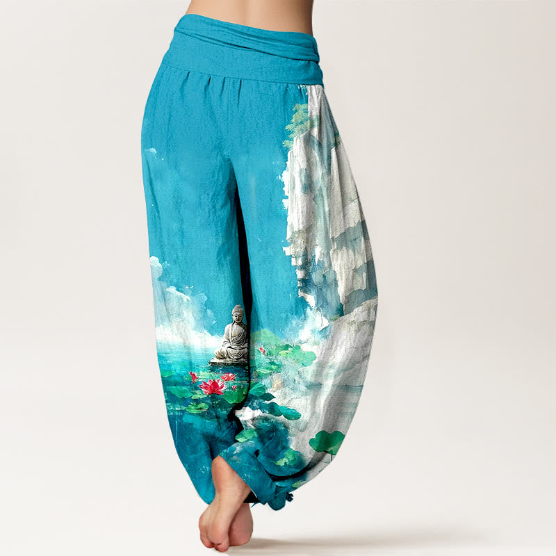 Pantalones harén con cintura elástica para mujer, diseño de Buddha Stones de algodón, flor de loto, hojas, rocas, superficie del agua, nube y patrón de Buda - image 1