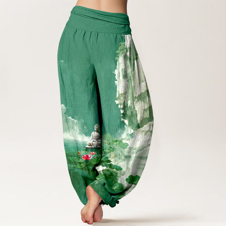 Pantalones harén con cintura elástica para mujer, diseño de Buddha Stones de algodón, flor de loto, hojas, rocas, superficie del agua, nube y patrón de Buda - image 6
