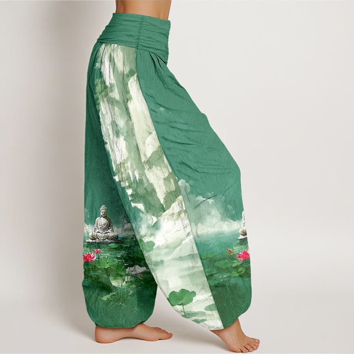 Pantalones harén con cintura elástica para mujer, diseño de Buddha Stones de algodón, flor de loto, hojas, rocas, superficie del agua, nube y patrón de Buda - image 7