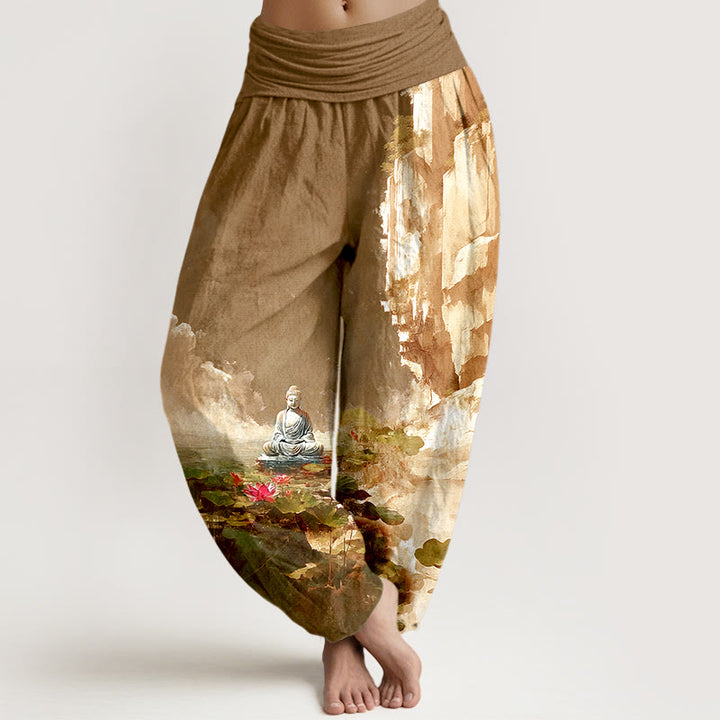 Pantalones harén con cintura elástica para mujer, diseño de Buddha Stones de algodón, flor de loto, hojas, rocas, superficie del agua, nube y patrón de Buda - Vara de oro oscura - US16，UK/AU20，EU48 (3XL) - image 8