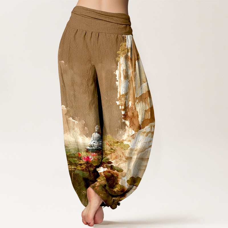 Pantalones harén con cintura elástica para mujer, diseño de Buddha Stones de algodón, flor de loto, hojas, rocas, superficie del agua, nube y patrón de Buda - image 9