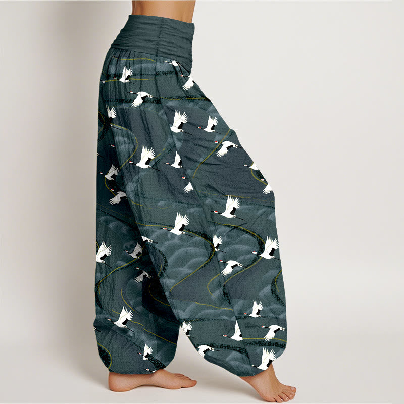Pantalones Buddha Stones de algodón con cintura elástica para mujer, con elegantes grullas y líneas sinuosas. - image 2