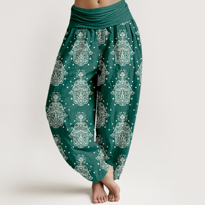 Pantalones harén de algodón con diseño de mano de Hamsa y Buddha Stones, cintura elástica, para mujer - Verdemar - US16，UK/AU20，EU48 (3XL) - image 0