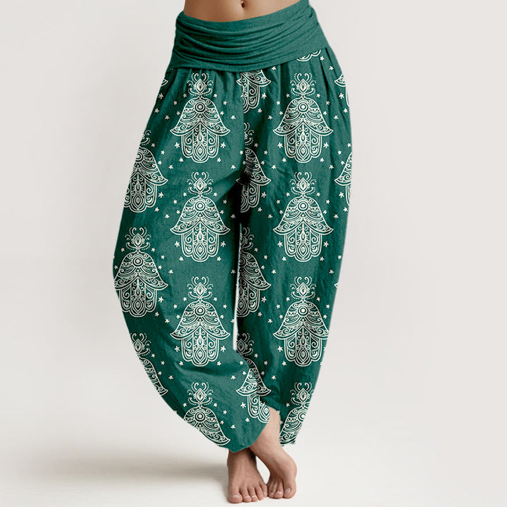 Pantalones harén de algodón con diseño de mano de Hamsa y Buddha Stones, cintura elástica, para mujer - Verdemar - US16，UK/AU20，EU48 (3XL) - image 0