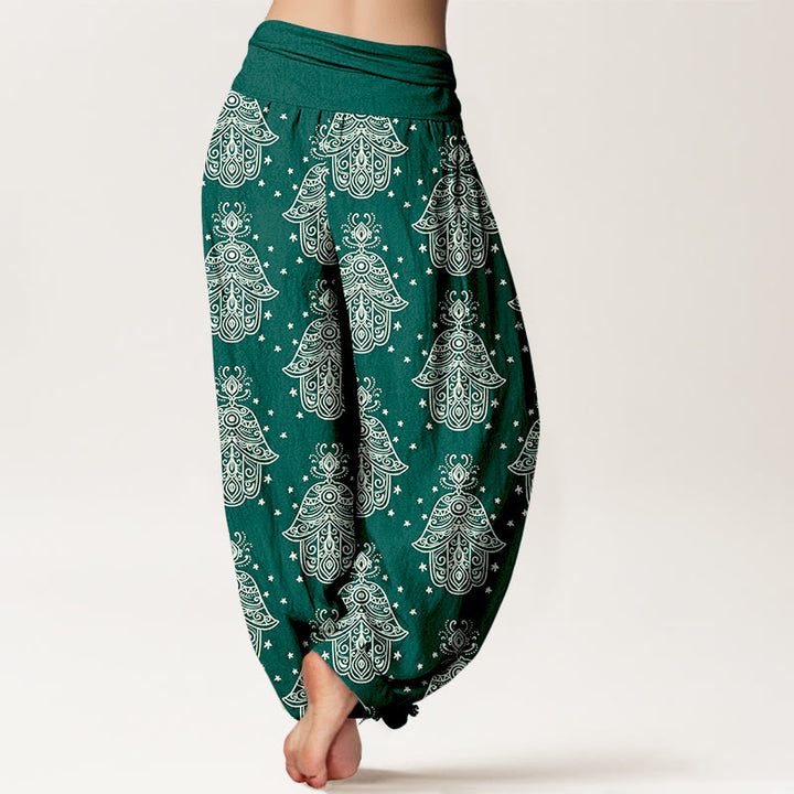 Pantalones harén de algodón con diseño de mano de Hamsa y Buddha Stones, cintura elástica, para mujer - image 1