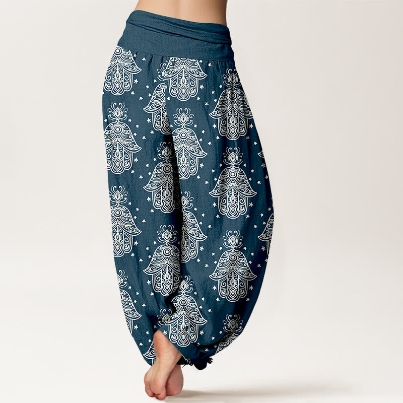 Pantalones harén de algodón con diseño de mano de Hamsa y Buddha Stones, cintura elástica, para mujer - image 6