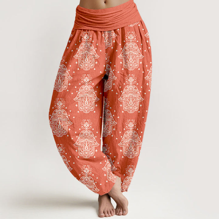 Pantalones harén de algodón con diseño de mano de Hamsa y Buddha Stones, cintura elástica, para mujer - Coral - US16，UK/AU20，EU48 (3XL) - image 8